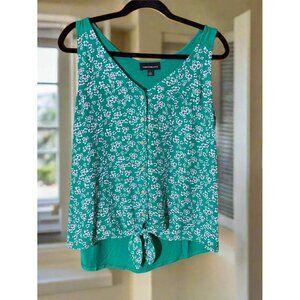Green Floral Button Front Tie Tank